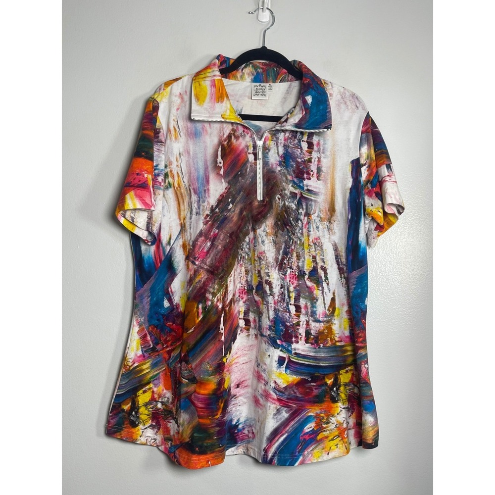 PARSLEY & SAGE Womens XL Abstract Brushstroke Quarter Zip Top Art to Wear Casual